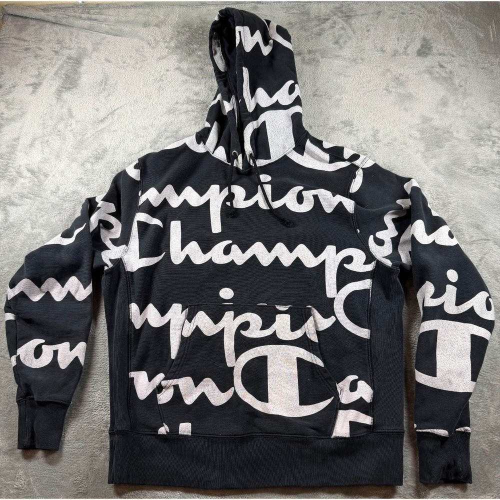 Champion Reverse Weave Hoodie All Over Script Logo Black Large Pullover